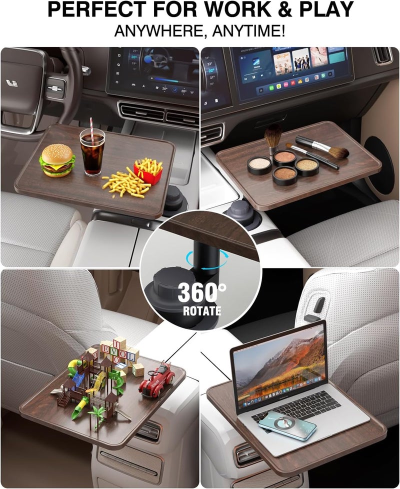 AXVLU Car Desk for Laptop, Cup Holder Table with 360° Rotation - Wooden Car Laptop Mount, Car Table & Car Food Tray Compatible with Tesla Model Y/3/S & Most Vehicles - Image 3